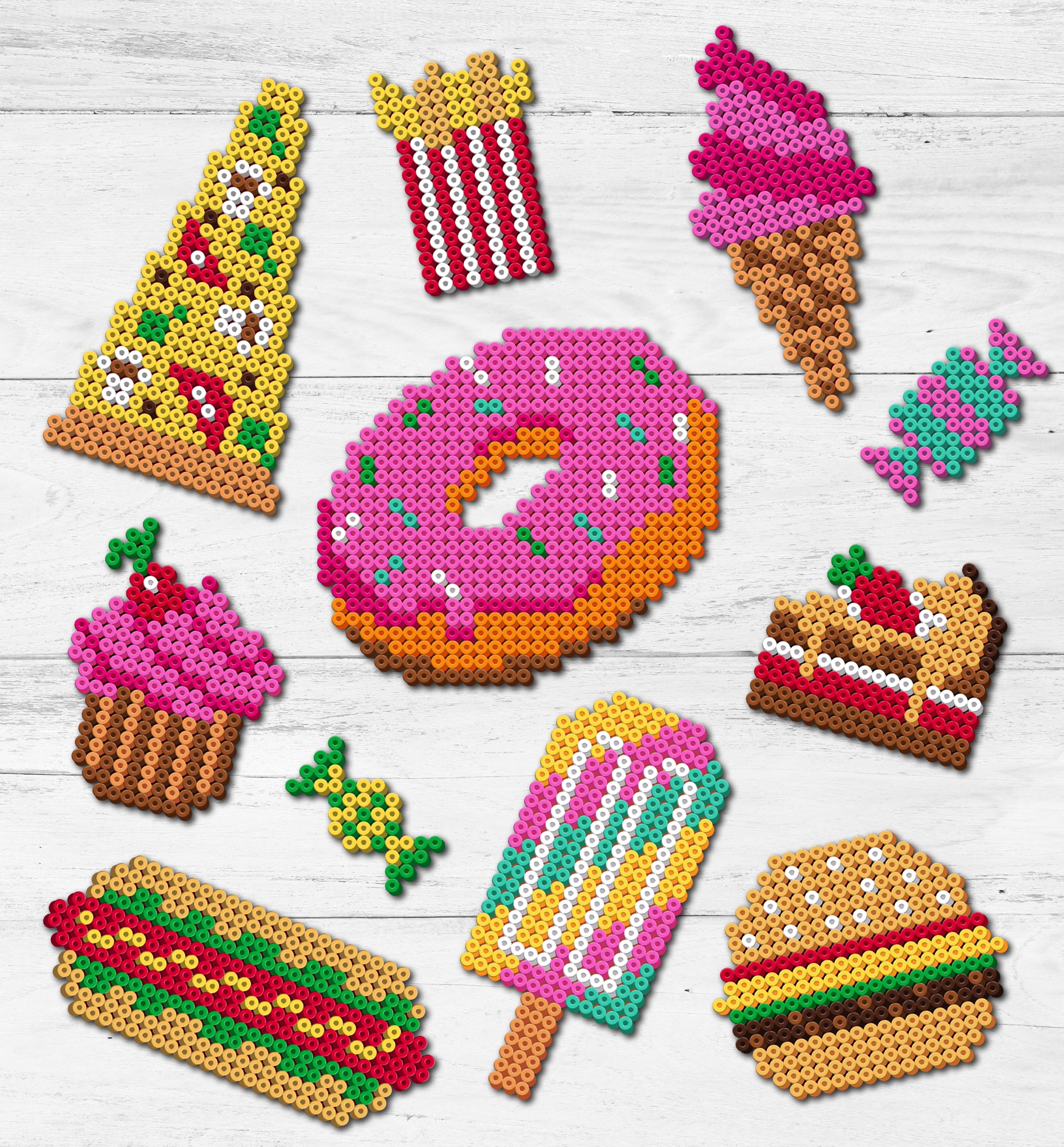 Yummy food themed fuse beads, Burger design melty beads, Hot Dog fuse bead kits, Food fuse bead kit, Melty beads Burger, DIY Food theme crafts, Colorful Food beads, Yummy craft supplies, Kids melting bead art, Creative bead kit for kids, Non-toxic fuse beads, Burger gift for children, Gifts for fast food lovers, Pegboard ice cream designs, Food gift for fuse bead lovers, Food arts and crafts, fuse bead pegboards,