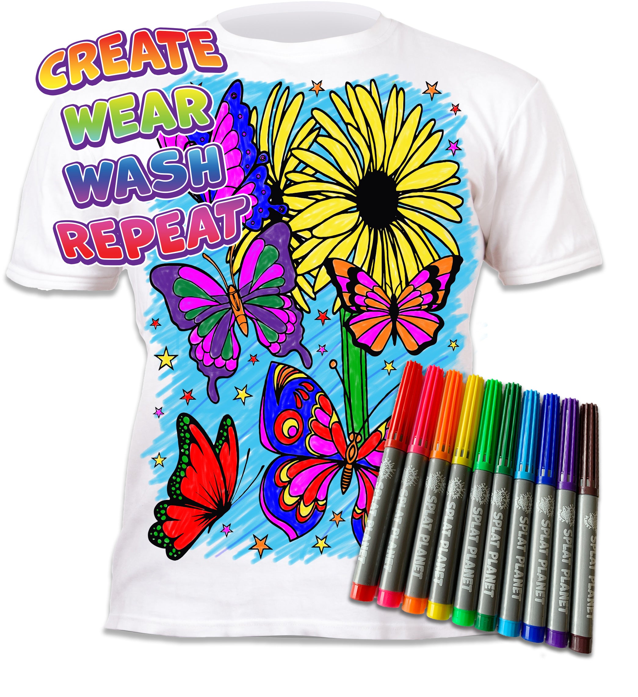 kids, children, chlidrens, colour in t-shirt, colour in tshirt, colour in t shirt, Butterflies, Flowers, girls tshirt, color in t-shirt, color in t shirt,  colour in wash out colour in again, magic colouring, fabric pens, superhero, batman, Spiderman, marvel, marvel colouring, Spiderman colouring, batman colouring, superman colouring, art2colour, art 2 colour, splat planet, colouring, colour in, washable pens, magic, toddlers, Kids, magic,