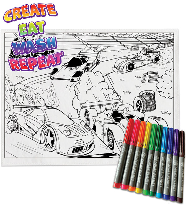 kids, children, chlidrens, colour in t-shirt, eatsleepdoodle, eat sleep doodle, grafix,  splat planet, color in t-shirt, color in t shirt, placemat, place mat, keep kids busy, cars placemat, Ferrari kids, Porsche, kids Range Rover, colour in car, t shirt, rainbow, rainbow colouring, Unicorn colouring, Unicorn coloring, personalise, Magic, kids gift, unique present, magic t-shirt, magic placemat, splat mat, splat planet,