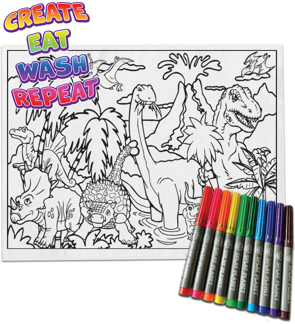 kids, children, chlidrens, eatsleepdoodle, eat sleep doodle, grafix, colour in t-shirt, colour in tshirt, color in t-shirt, color in placemat, place mat, splat mat, Dinosaurs, Dino, Dinosaur, Dinosaur colouring, Trex, Tyrannosaurus, Triceratops, Velociraptor, Stegosaurus, colour in, wash out, colour in again, magic colouring, fabric pens, splat planet, colouring, colour in, washable pens, magic, toddlers, Kids, magic,  colouring, fabric pens, boys, girls, gift, christmas present, 