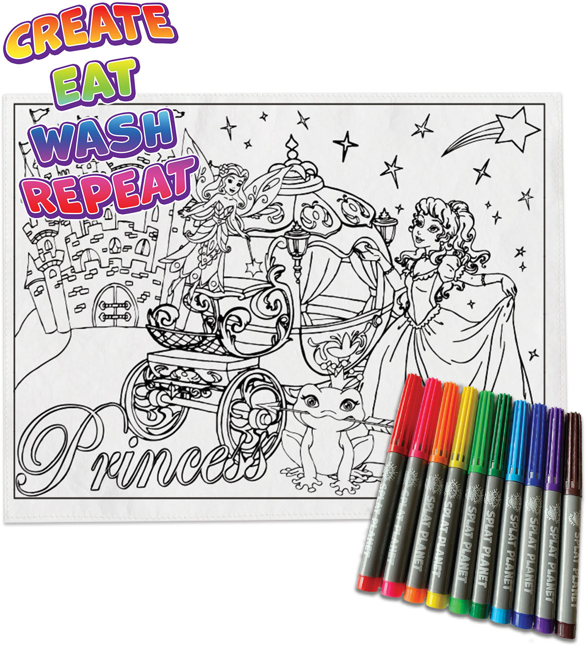 kids, children, chlidrens, colour in t-shirt, eatsleepdoodle, eat sleep doodle, grafix,  splat planet, color in t-shirt, color in t shirt, placemat, place mat, keep kids busy, Princess placemat, Cinderalla, Memaid, the little mermaid, Disney, Unicorn t shirt, rainbow, rainbow colouring, Unicorn colouring, Unicorn coloring, personalise, Magic, kids gift, unique present, magic t-shirt, magic placemat, splat mat, splat planet,