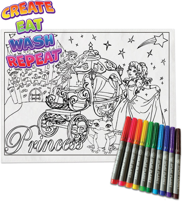 kids, children, chlidrens, colour in t-shirt, eatsleepdoodle, eat sleep doodle, grafix,  splat planet, color in t-shirt, color in t shirt, placemat, place mat, keep kids busy, Princess placemat, Cinderalla, Memaid, the little mermaid, Disney, Unicorn t shirt, rainbow, rainbow colouring, Unicorn colouring, Unicorn coloring, personalise, Magic, kids gift, unique present, magic t-shirt, magic placemat, splat mat, splat planet,