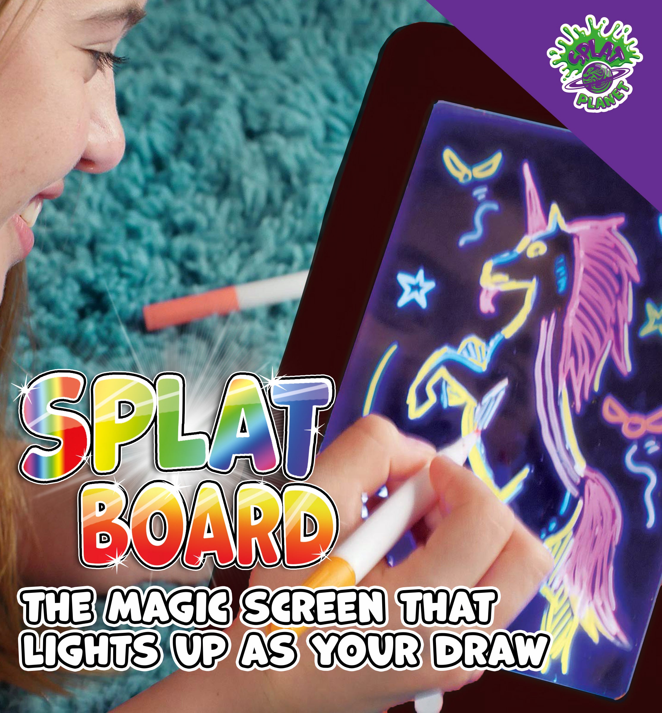 glow pad, glow board, neon board, neon bored, ADHD toy, splat planet glow board, splat board, magic pad, kml pagic pad, draw on plastic, pens draw on glass, tracing kids gift, unicorn gifts for girls. dinosaur gifts for boys, marvin magic glow board, craziart glow board, glow board pens, portable toy, travel toy, nightlight, SEN toy