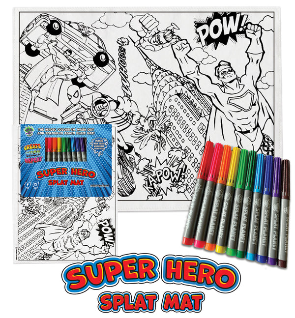 kids, children, eatsleepdoodle, eat sleep doodle, grafix,  placemat, place mat, splat planet, colouring, colour in, washable pens, magic, toddlers, Kids, super hereos colouring, superhero, disney, Disney colouring, superman colouring, superman, super man, captain America, Spiderman, batman, green ivy, robin, iron man, ironman, bat man, hero, superhero, super hero, hereos, save the world, green lantern, marvel, comic, movie, warner movie, fabric pens, boys, girls, toddlers, gift, christmas present