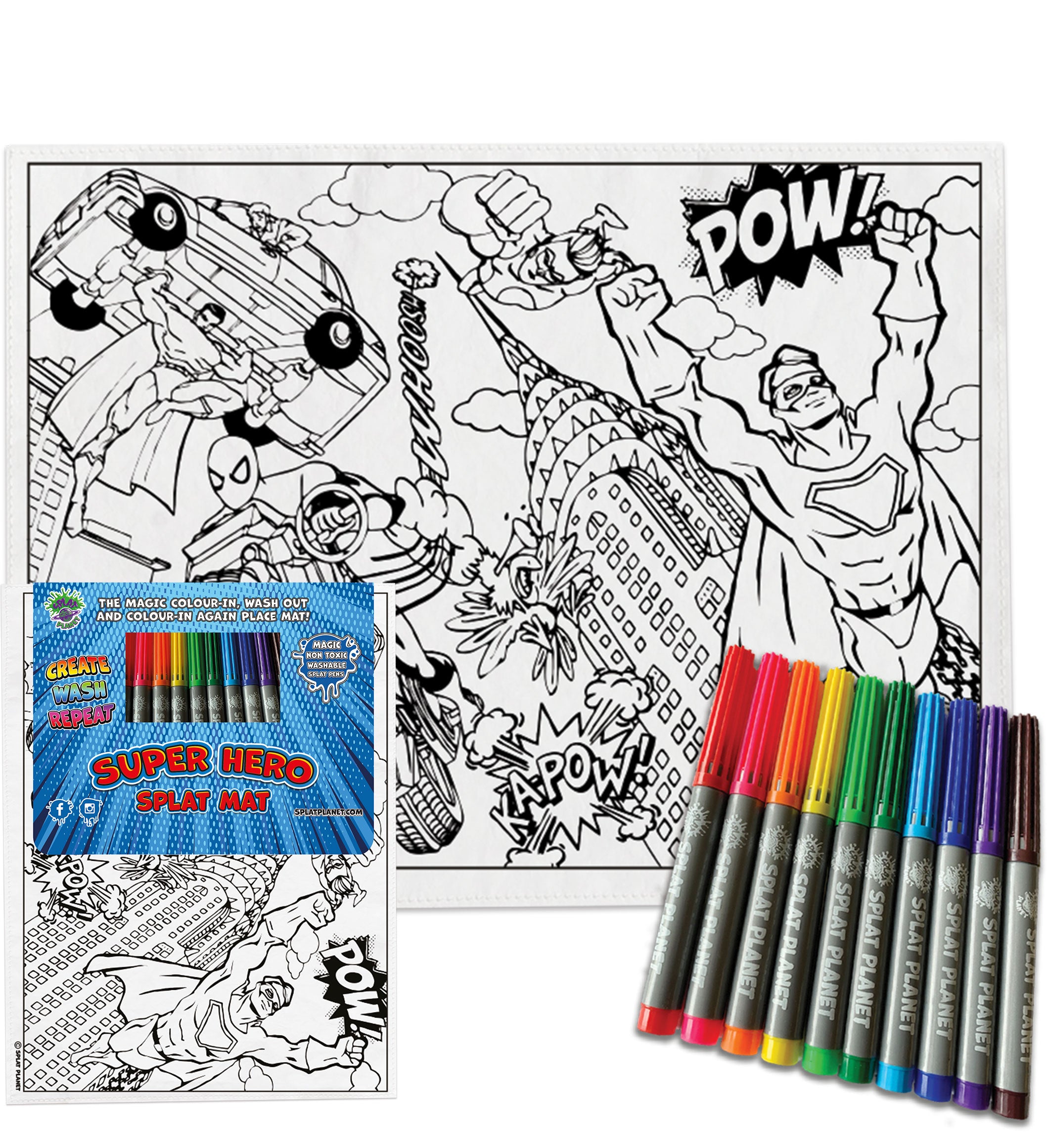kids, children, eatsleepdoodle, eat sleep doodle, grafix,  placemat, place mat, splat planet, colouring, colour in, washable pens, magic, toddlers, Kids, super hereos colouring, superhero, disney, Disney colouring, superman colouring, superman, super man, captain America, Spiderman, batman, green ivy, robin, iron man, ironman, bat man, hero, superhero, super hero, hereos, save the world, green lantern, marvel, comic, movie, warner movie, fabric pens, boys, girls, toddlers, gift, christmas present