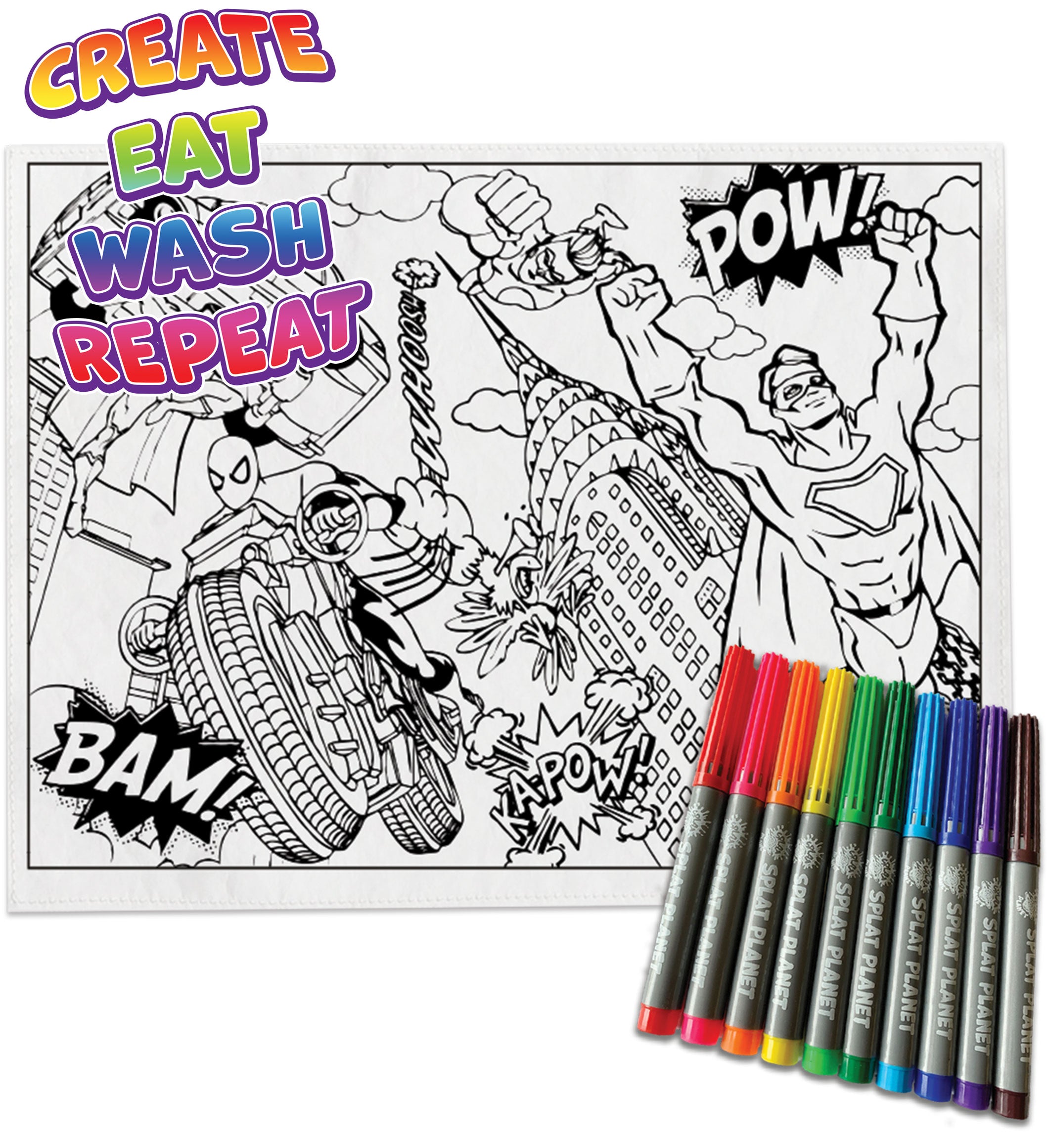 kids, children, eatsleepdoodle, eat sleep doodle, grafix,  placemat, place mat, splat planet, colouring, colour in, washable pens, magic, toddlers, Kids, super hereos colouring, superhero, disney, Disney colouring, superman colouring, superman, super man, captain America, Spiderman, batman, green ivy, robin, iron man, ironman, bat man, hero, superhero, super hero, hereos, save the world, green lantern, marvel, comic, movie, warner movie, fabric pens, boys, girls, toddlers, gift, christmas present
