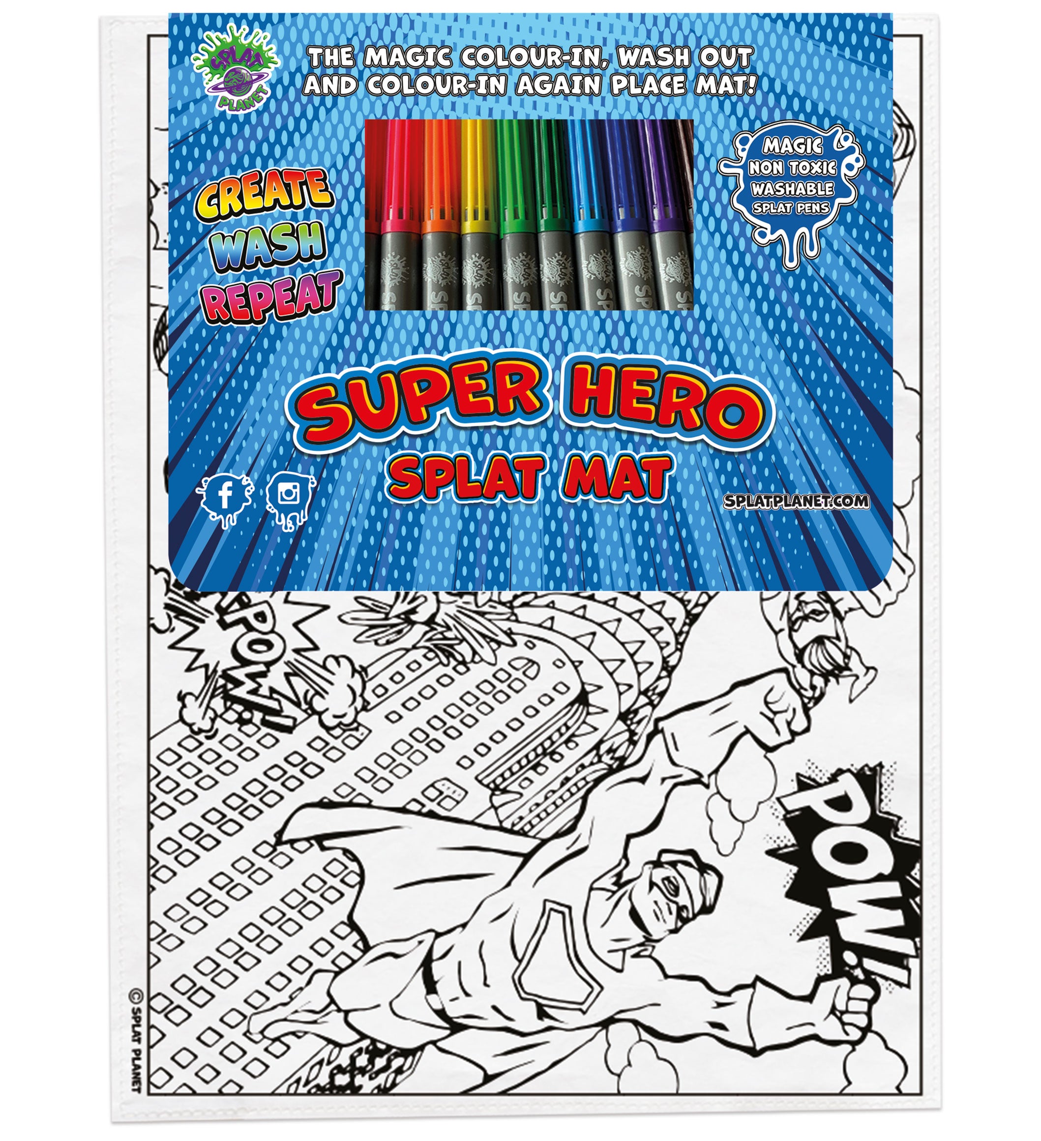 kids, children, eatsleepdoodle, eat sleep doodle, grafix,  placemat, place mat, splat planet, colouring, colour in, washable pens, magic, toddlers, Kids, super hereos colouring, superhero, disney, Disney colouring, superman colouring, superman, super man, captain America, Spiderman, batman, green ivy, robin, iron man, ironman, bat man, hero, superhero, super hero, hereos, save the world, green lantern, marvel, comic, movie, warner movie, fabric pens, boys, girls, toddlers, gift, christmas present
