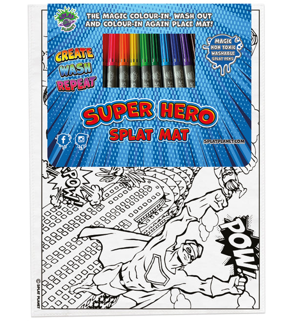 kids, children, eatsleepdoodle, eat sleep doodle, grafix,  placemat, place mat, splat planet, colouring, colour in, washable pens, magic, toddlers, Kids, super hereos colouring, superhero, disney, Disney colouring, superman colouring, superman, super man, captain America, Spiderman, batman, green ivy, robin, iron man, ironman, bat man, hero, superhero, super hero, hereos, save the world, green lantern, marvel, comic, movie, warner movie, fabric pens, boys, girls, toddlers, gift, christmas present