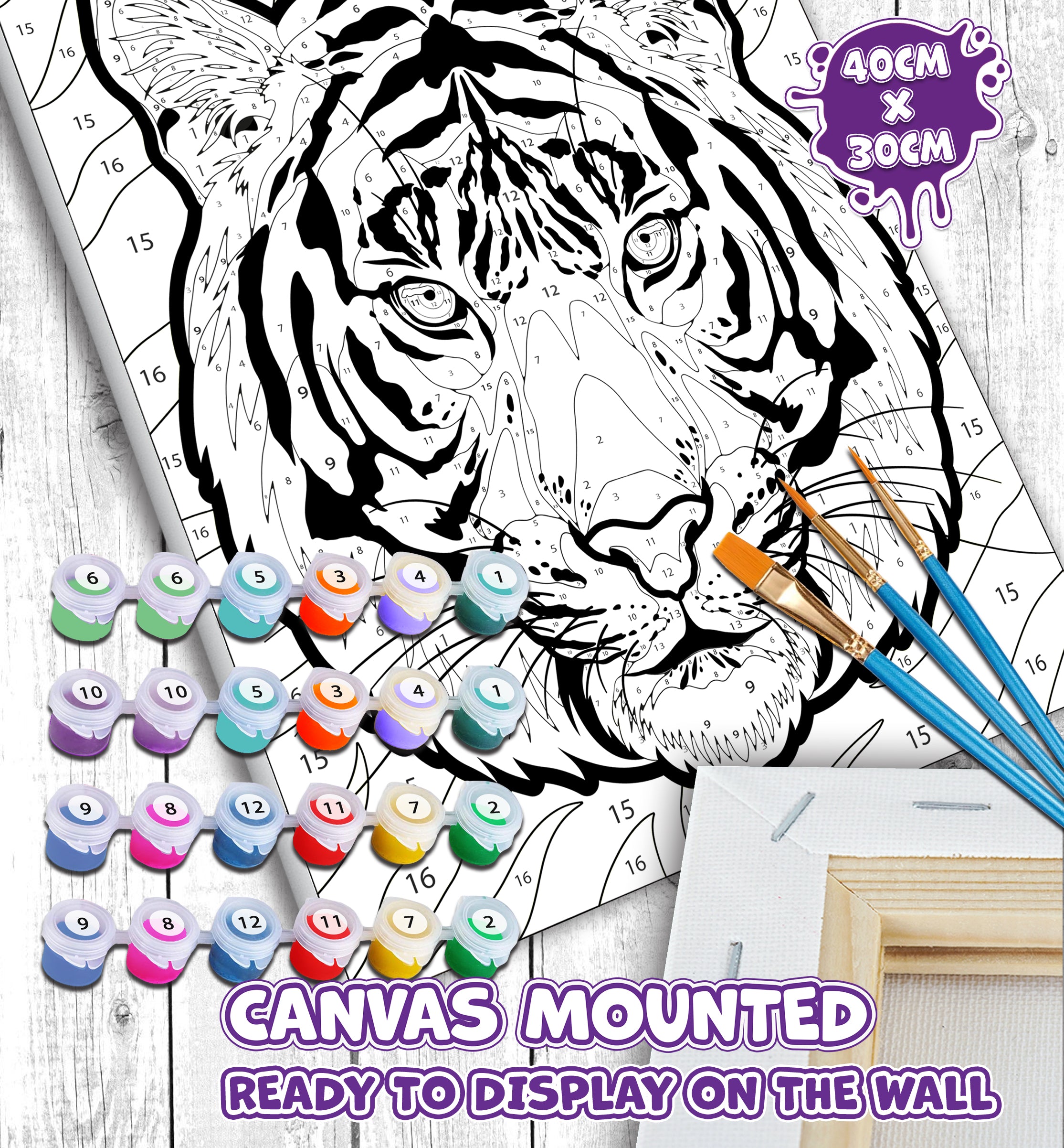Tiger paint by number, Tiger painting, Tiger painting for kids, Tiger painting easy, Tiger jungle animal painting set, washable acrylic paints, Tiger gifts, paint by number on canvas, paint by numbers ready for wall mounting, paint by numbers for kids, paint by numbers for beginners, paint by numbers for children, paint by numbers with frame, framed paint by numbers, Tiger arts and crafts, Tiger toys, Tiger art, arts and crafts for adults, fluorescent paints, UV Neon Paints