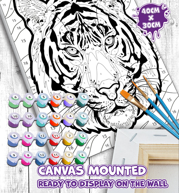 Tiger paint by number, Tiger painting, Tiger painting for kids, Tiger painting easy, Tiger jungle animal painting set, washable acrylic paints, Tiger gifts, paint by number on canvas, paint by numbers ready for wall mounting, paint by numbers for kids, paint by numbers for beginners, paint by numbers for children, paint by numbers with frame, framed paint by numbers, Tiger arts and crafts, Tiger toys, Tiger art, arts and crafts for adults, fluorescent paints, UV Neon Paints