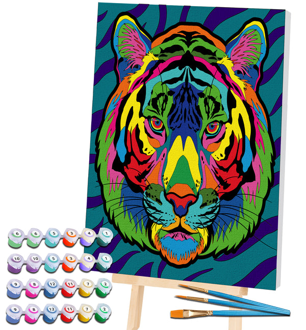 Tiger paint by number, Tiger painting, Tiger painting for kids, Tiger painting easy, Tiger jungle animal painting set, washable acrylic paints, Tiger gifts, paint by number on canvas, paint by numbers ready for wall mounting, paint by numbers for kids, paint by numbers for beginners, paint by numbers for children, paint by numbers with frame, framed paint by numbers, Tiger arts and crafts, Tiger toys, Tiger art, arts and crafts for adults, fluorescent paints, UV Neon Paints