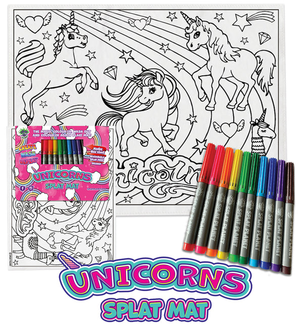 kids, children, chlidrens, colour in t-shirt, eatsleepdoodle, eat sleep doodle, grafix,  splat planet, color in t-shirt, color in t shirt, placemat, place mat, keep kids busy, unicorn placemat, Unicorn, Unique unicorn, Unicorn t shirt, rainbow, rainbow colouring, Unicorn colouring, Unicorn coloring, personalise, Magic, kids gift, unique present, magic t-shirt, magic placemat, splat mat, splat planet,