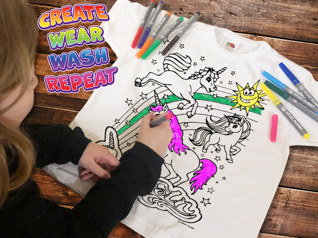 kids, children, chlidrens, colour in t-shirt, eatsleepdoodle, eat sleep doodle, grafix,  splat planet, color in t-shirt, color in t shirt, Unicorn, Unique unicorn, Unicorn t shirt, rainbow, rainbow colouring, Unicorn colouring, Unicorn coloring, personalise, Magic, kids gift, unique present, magic t-shirt, magic t-shirt