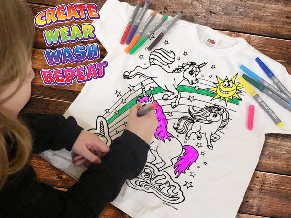 kids, children, chlidrens, colour in t-shirt, eatsleepdoodle, eat sleep doodle, grafix,  splat planet, color in t-shirt, color in t shirt, Unicorn, Unique unicorn, Unicorn t shirt, rainbow, rainbow colouring, Unicorn colouring, Unicorn coloring, personalise, Magic, kids gift, unique present, magic t-shirt, magic t-shirt