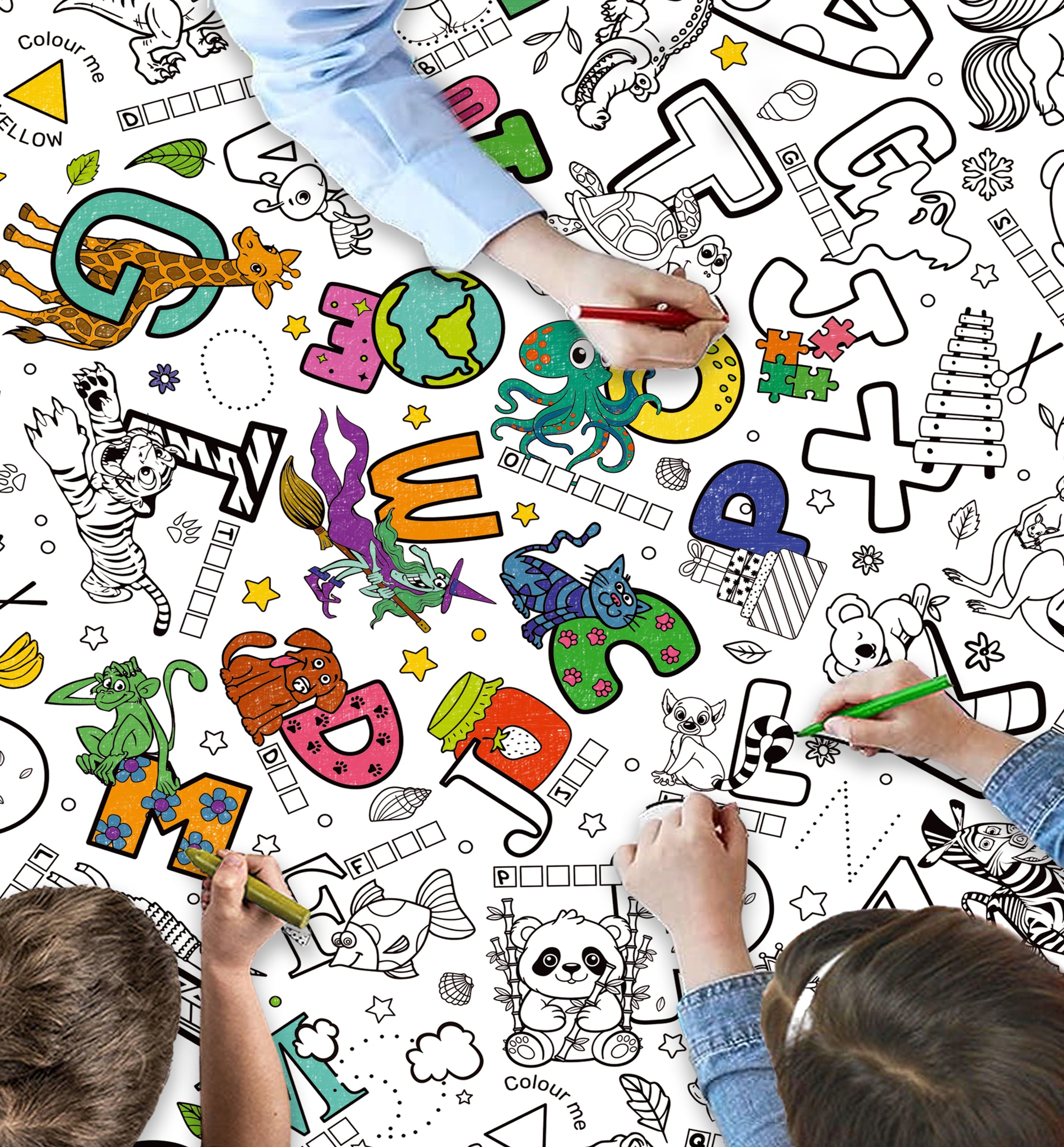 Educational colouring tablecloth, English learning colouring cloth, Alphabet colouring table cover, Kids learning through play, Eco educational craft