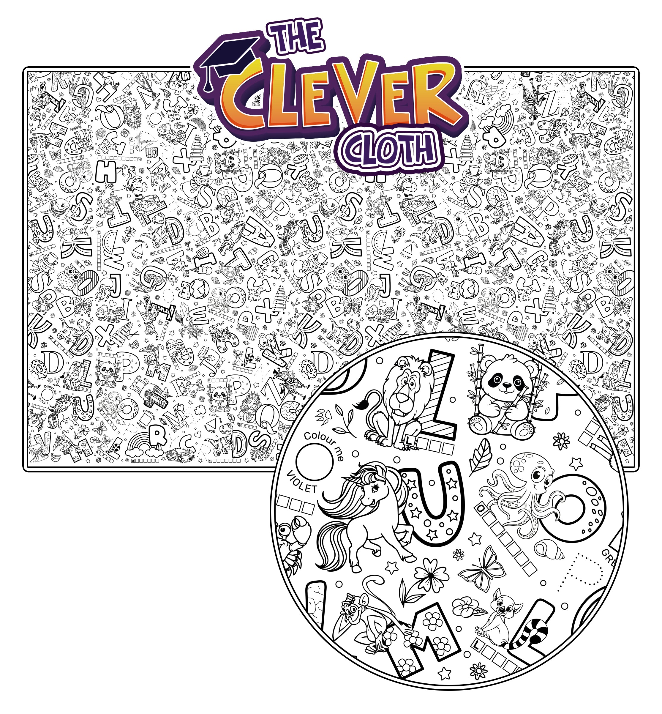 Educational colouring tablecloth, English learning colouring cloth, Alphabet colouring table cover, Kids learning through play, Eco educational craft
