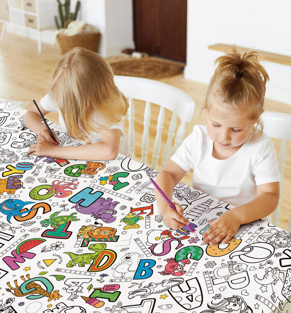 Educational colouring tablecloth, English learning colouring cloth, Alphabet colouring table cover, Kids learning through play, Eco educational craft