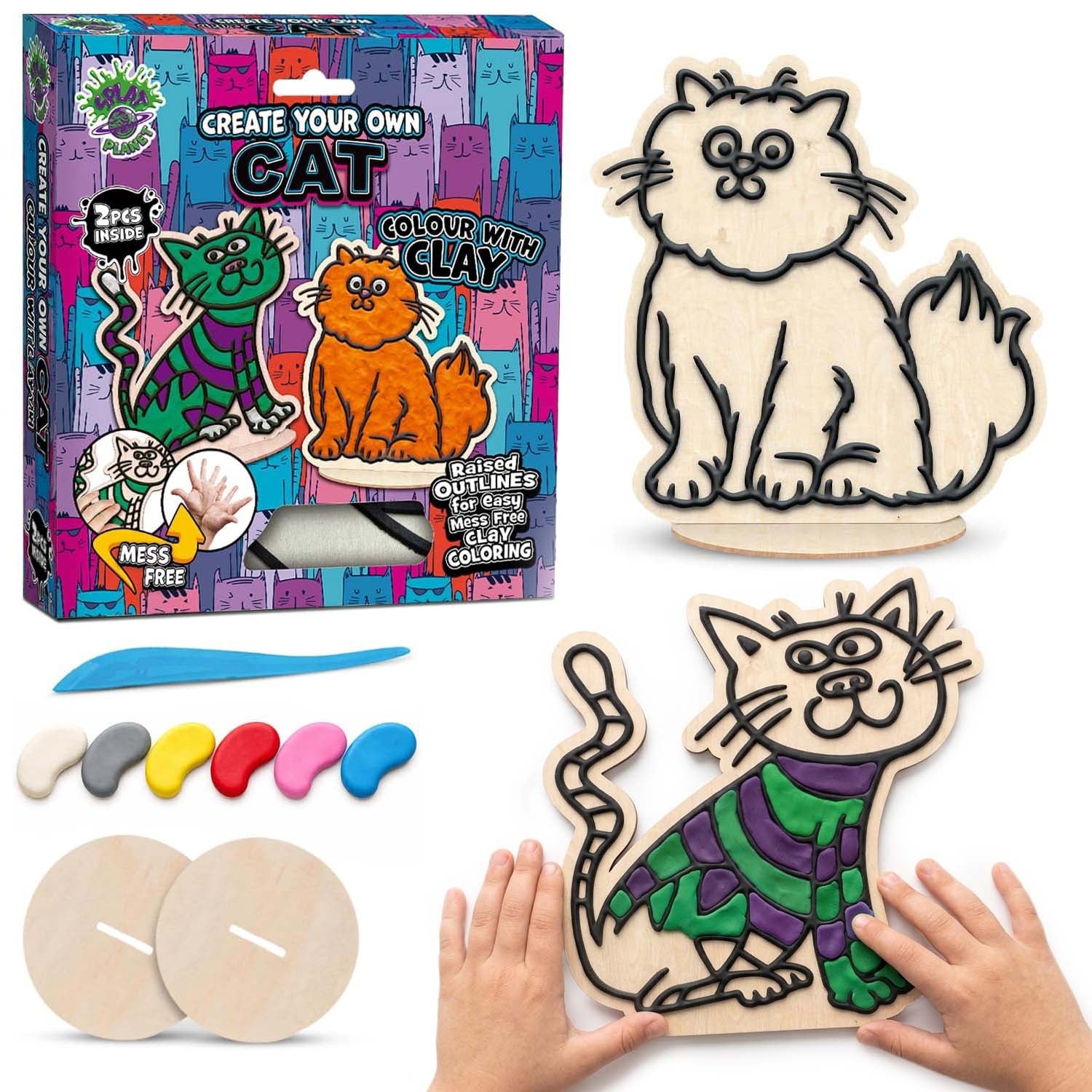Cat clay colouring kit, Cat clay art set, Cute cat modelling craft, DIY cat clay activity, Cat creative kit for kids, Cat lover arts and crafts, Adorable cat clay project, Non-toxic clay colouring set, Kids cat craft kit, Kitty themed modelling set, Cat gift for children.