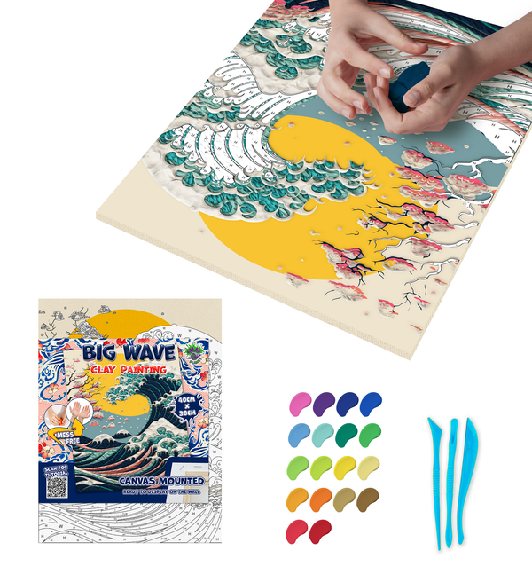 Great Wave clay painting kit with canvas mounted art board, colourful air-dry clay and sculpting tools, offering mess-free sensory play and screen-free creative crafting.