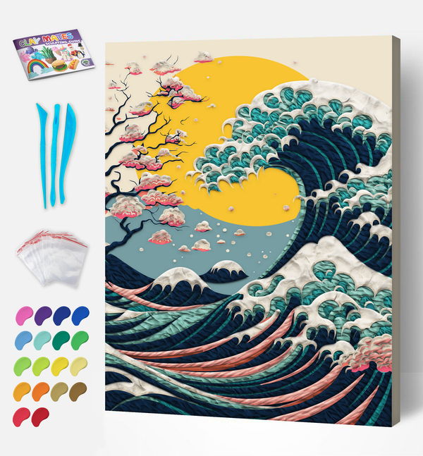 Great Wave clay painting kit with canvas mounted art board, colourful air-dry clay and sculpting tools, offering mess-free sensory play and screen-free creative crafting.