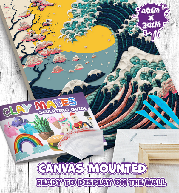 Great Wave clay painting kit with canvas mounted art board, colourful air-dry clay and sculpting tools, offering mess-free sensory play and screen-free creative crafting.