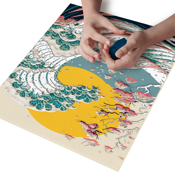 Great Wave clay painting kit with canvas mounted art board, colourful air-dry clay and sculpting tools, offering mess-free sensory play and screen-free creative crafting.