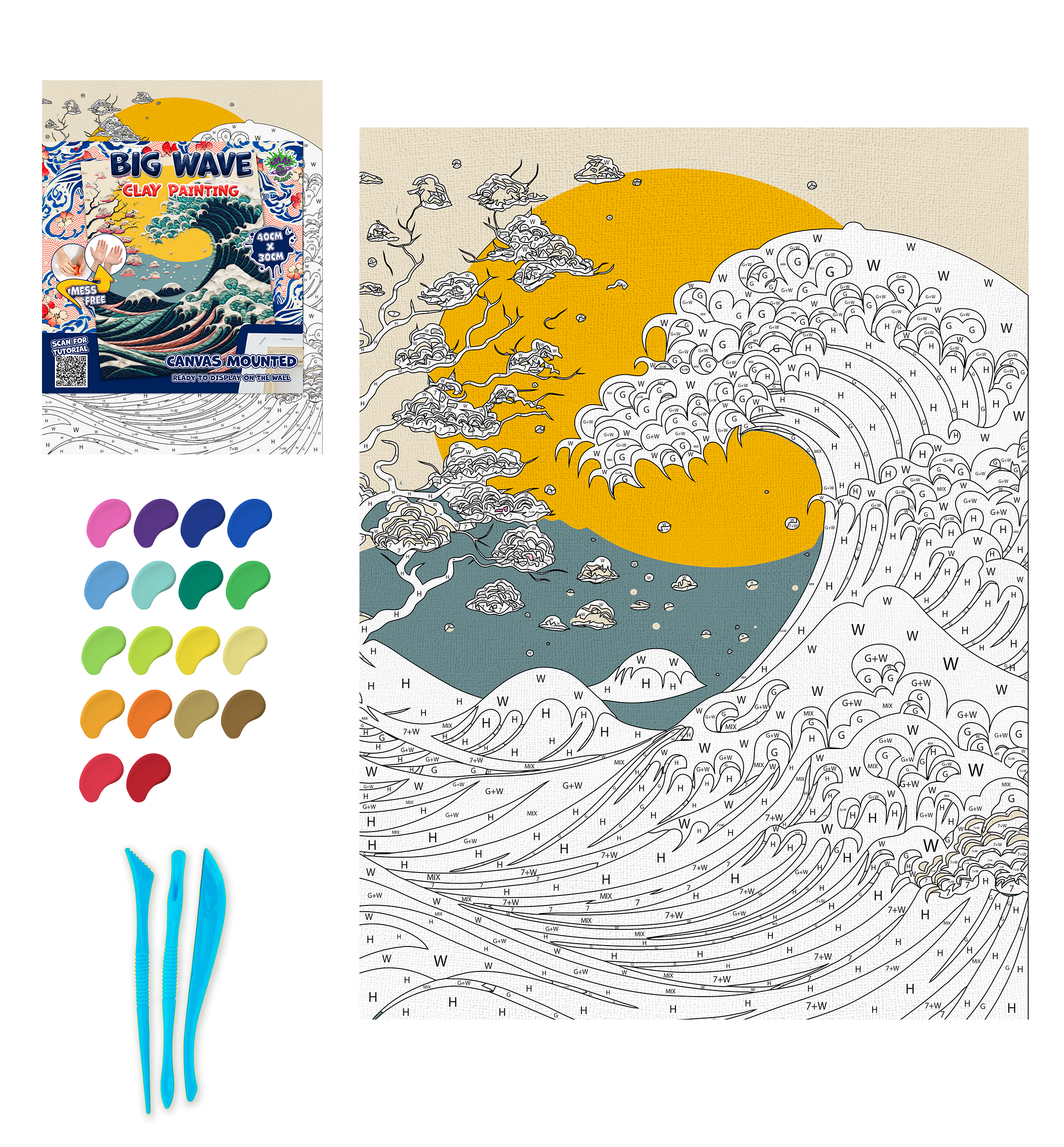 Great Wave clay painting kit with canvas mounted art board, colourful air-dry clay and sculpting tools, offering mess-free sensory play and screen-free creative crafting.
