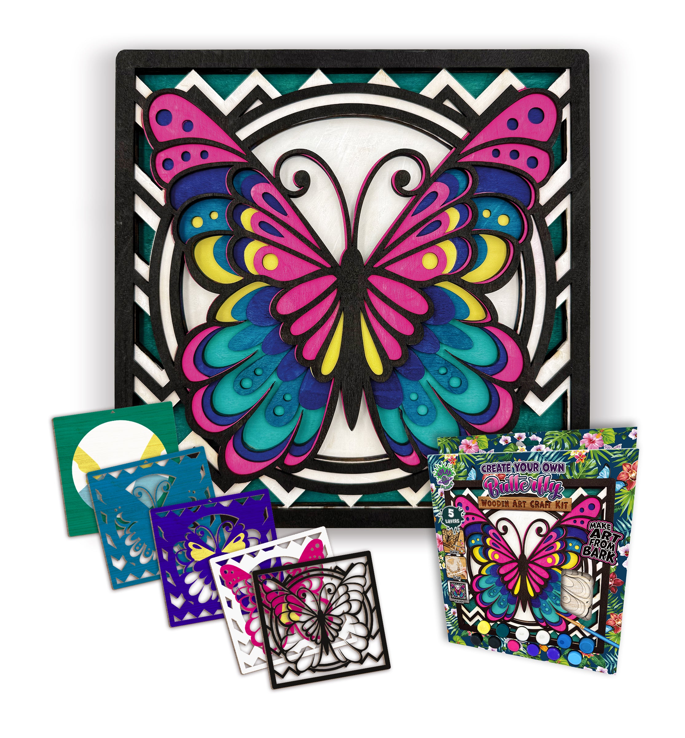 Butterfly wooden art kit, Butterfly craft kit for kids, Layered butterfly wood painting set, DIY Butterfly craft, Colourful butterfly décor, Nature themed wooden art, Kids butterfly project, Creative butterfly craft kit.