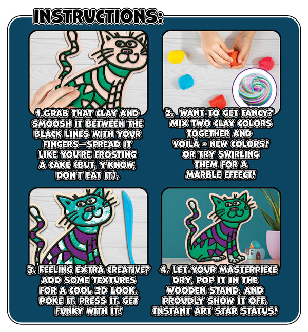 Cat clay colouring kit, Cat clay art set, Cute cat modelling craft, DIY cat clay activity, Cat creative kit for kids, Cat lover arts and crafts, Adorable cat clay project, Non-toxic clay colouring set, Kids cat craft kit, Kitty themed modelling set, Cat gift for children.