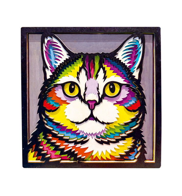 Cat wooden art kit, Cat craft kit for kids, Layered cat painting set, DIY cat craft, Cute cat wooden art, Cat wall décor, Kids cat activity kit, Cat lover craft project.