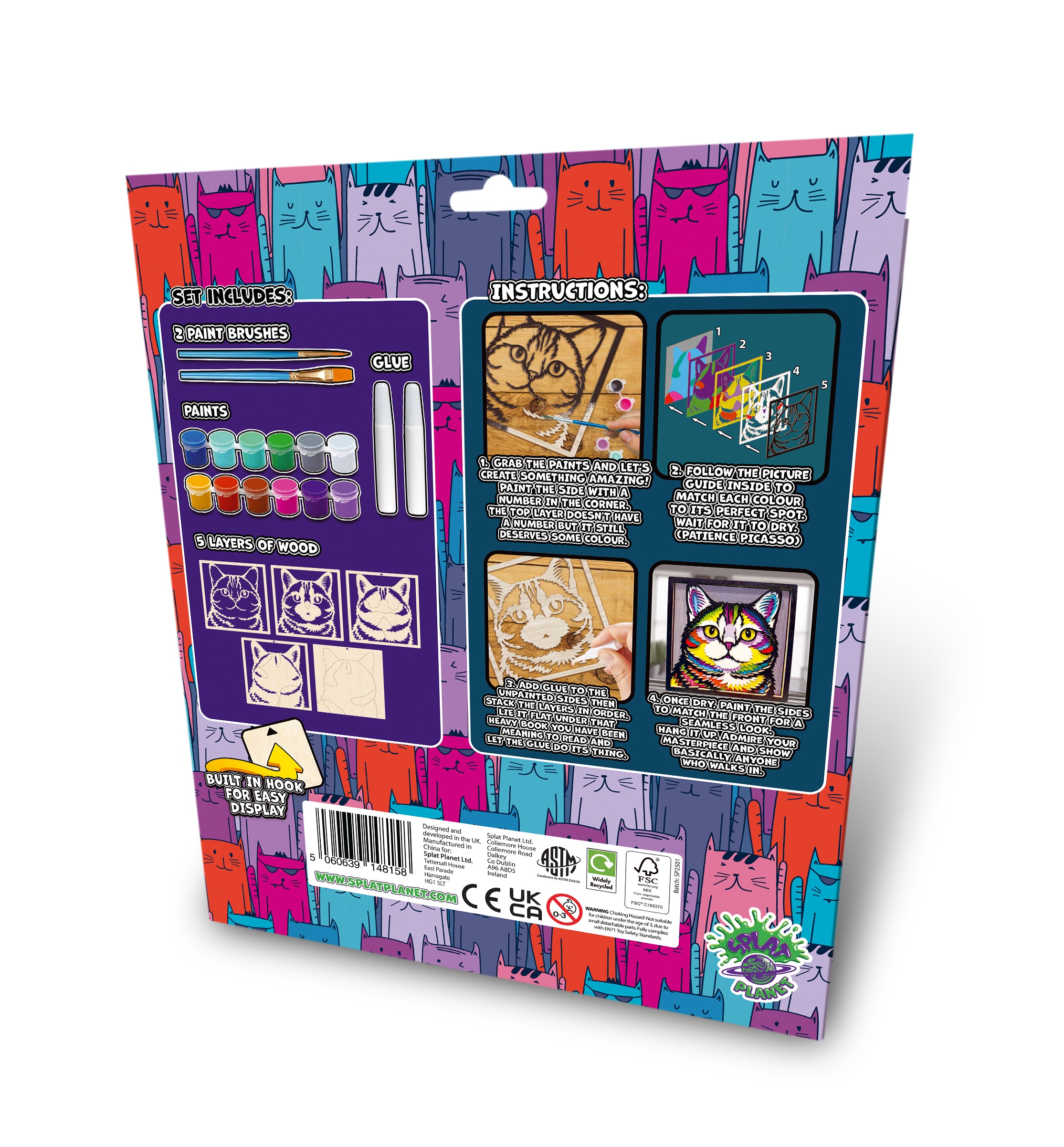 Cat wooden art kit, Cat craft kit for kids, Layered cat painting set, DIY cat craft, Cute cat wooden art, Cat wall décor, Kids cat activity kit, Cat lover craft project.