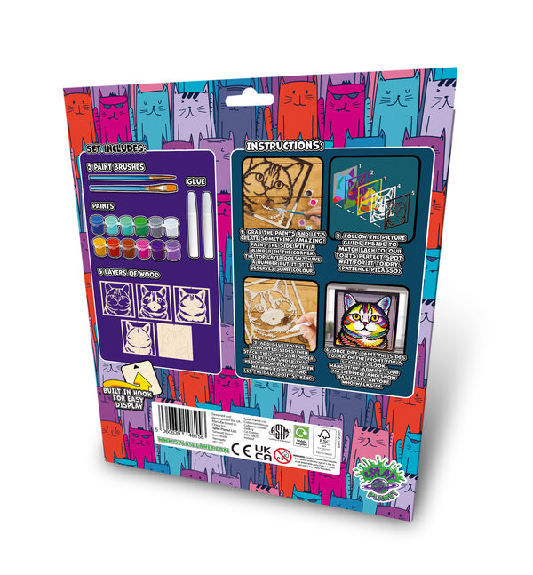 Cat wooden art kit, Cat craft kit for kids, Layered cat painting set, DIY cat craft, Cute cat wooden art, Cat wall décor, Kids cat activity kit, Cat lover craft project.