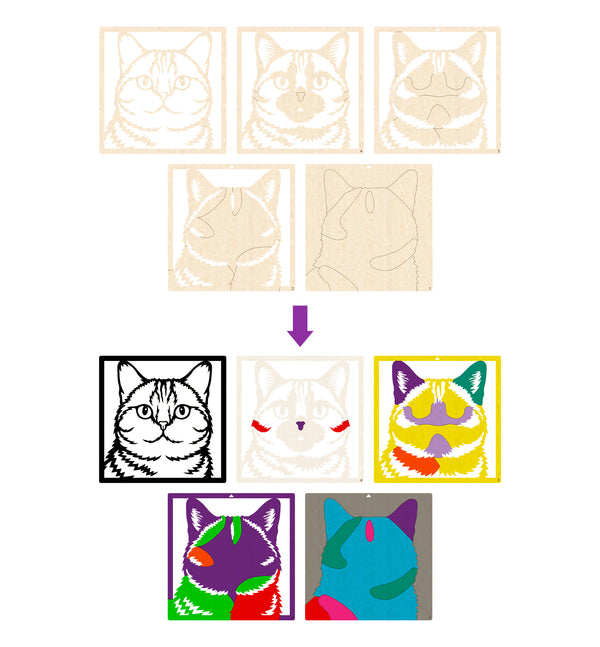 Cat wooden art kit, Cat craft kit for kids, Layered cat painting set, DIY cat craft, Cute cat wooden art, Cat wall décor, Kids cat activity kit, Cat lover craft project.