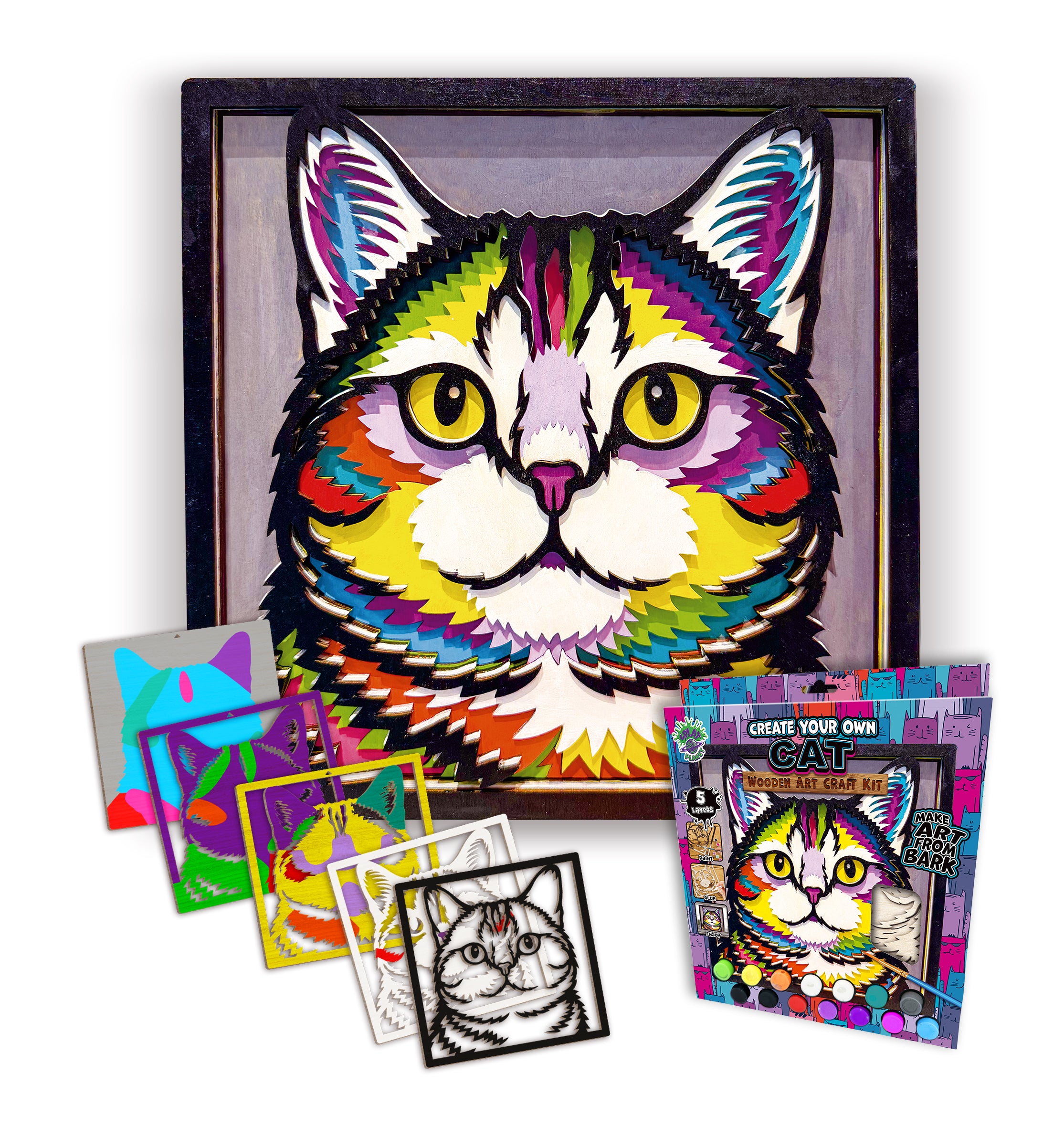 Cat wooden art kit, Cat craft kit for kids, Layered cat painting set, DIY cat craft, Cute cat wooden art, Cat wall décor, Kids cat activity kit, Cat lover craft project.