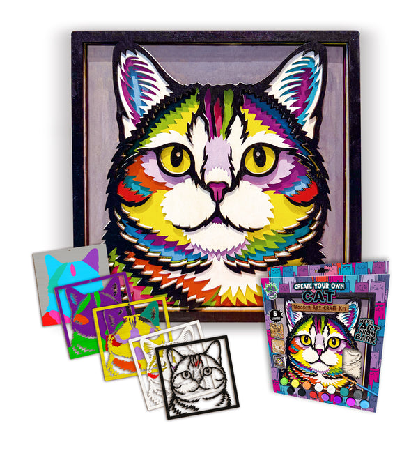 Cat wooden art kit, Cat craft kit for kids, Layered cat painting set, DIY cat craft, Cute cat wooden art, Cat wall décor, Kids cat activity kit, Cat lover craft project.