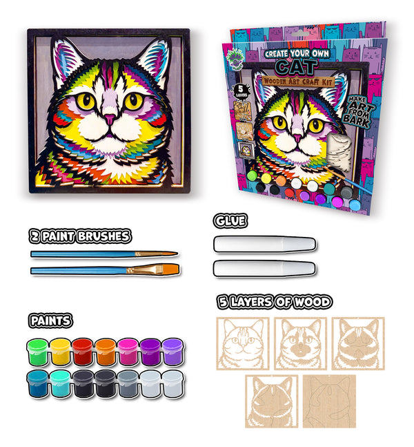 Cat wooden art kit, Cat craft kit for kids, Layered cat painting set, DIY cat craft, Cute cat wooden art, Cat wall décor, Kids cat activity kit, Cat lover craft project.