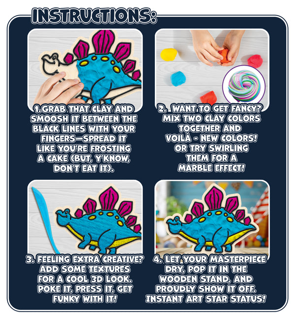 Dinosaur clay colouring kit, Dinosaur clay art set, Dino modelling craft for kids, Prehistoric clay colouring activity, DIY Dinosaur craft kit, Kids dinosaur sensory art, Dinosaur creative project, Non-toxic Dinosaur clay kit, T-Rex clay craft, Fun Dino activity for children.