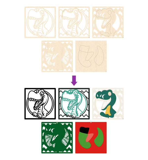 Dinosaur wooden art kit, Dino craft kit for kids, Layered dinosaur wood art, DIY Dinosaur painting set, Prehistoric themed craft kit, Kids Dino activity, Dinosaur wall décor, Creative Dino project, T-Rex wooden craft set.