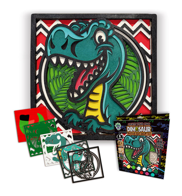 Dinosaur wooden art kit, Dino craft kit for kids, Layered dinosaur wood art, DIY Dinosaur painting set, Prehistoric themed craft kit, Kids Dino activity, Dinosaur wall décor, Creative Dino project, T-Rex wooden craft set.