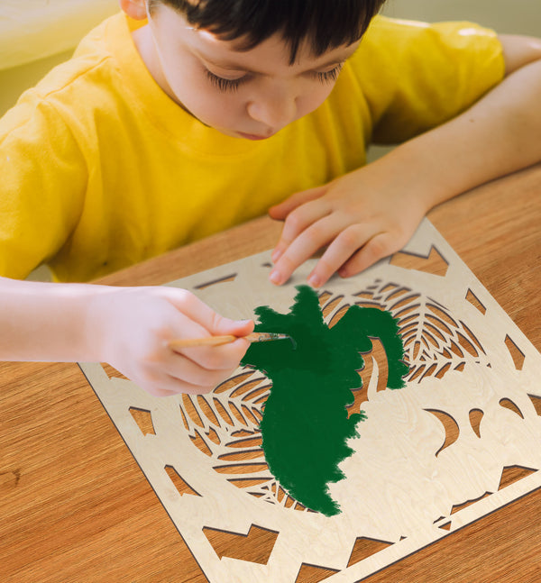 Dinosaur wooden art kit, Dino craft kit for kids, Layered dinosaur wood art, DIY Dinosaur painting set, Prehistoric themed craft kit, Kids Dino activity, Dinosaur wall décor, Creative Dino project, T-Rex wooden craft set.