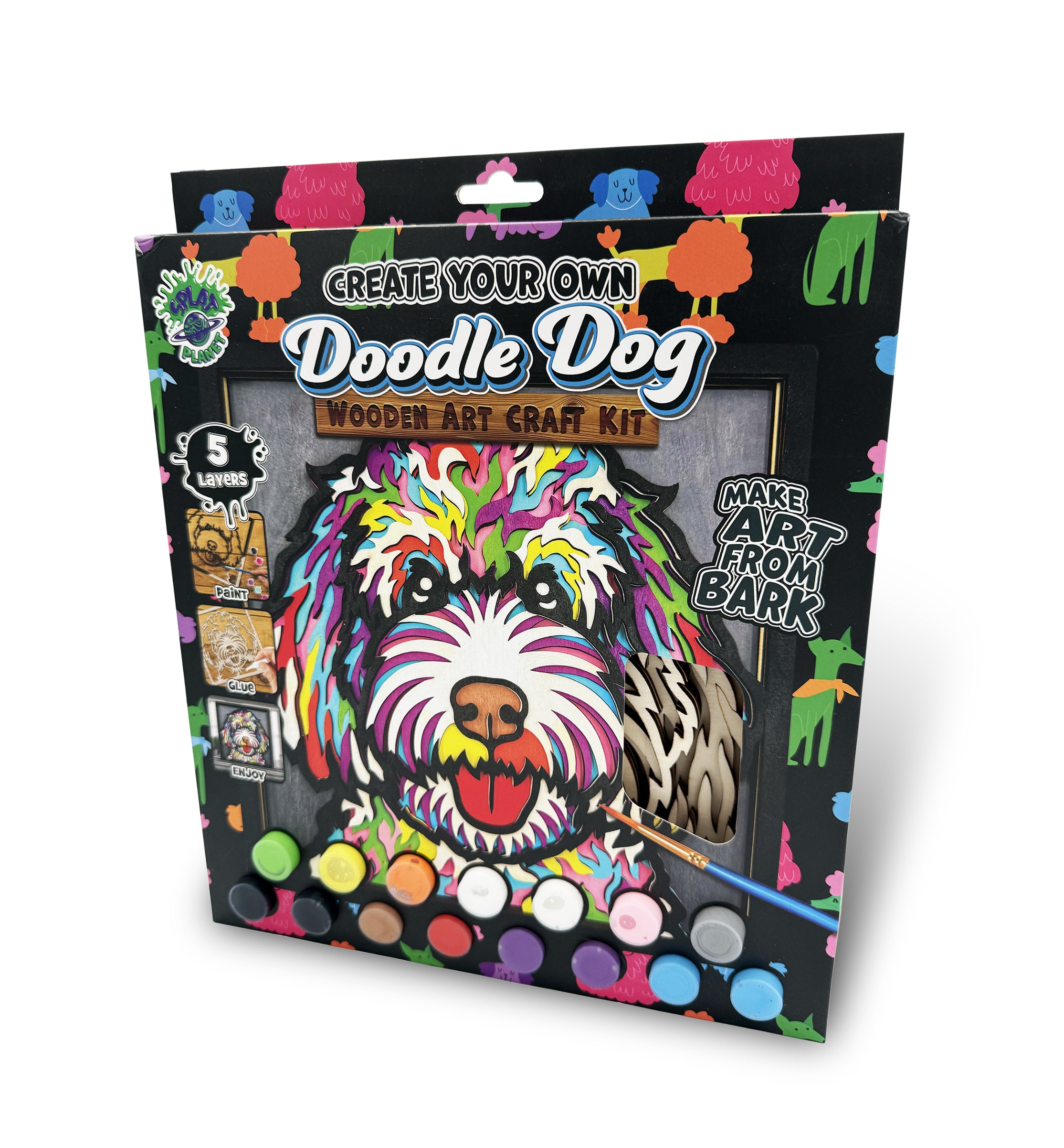 Doodle dog wooden art kit, Doodle dog craft kit for kids, Wooden dog painting set, DIY pet art kit, Layered doodle dog wood art, Fluffy dog wall décor, Kids doodle dog craft activity, Dog lover craft gift, Creative dog project.