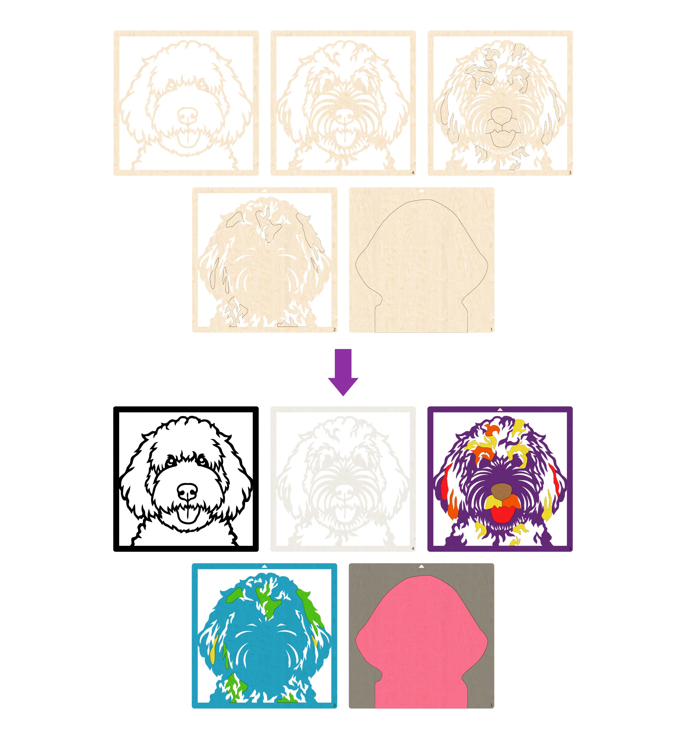 Doodle dog wooden art kit, Doodle dog craft kit for kids, Wooden dog painting set, DIY pet art kit, Layered doodle dog wood art, Fluffy dog wall décor, Kids doodle dog craft activity, Dog lover craft gift, Creative dog project.