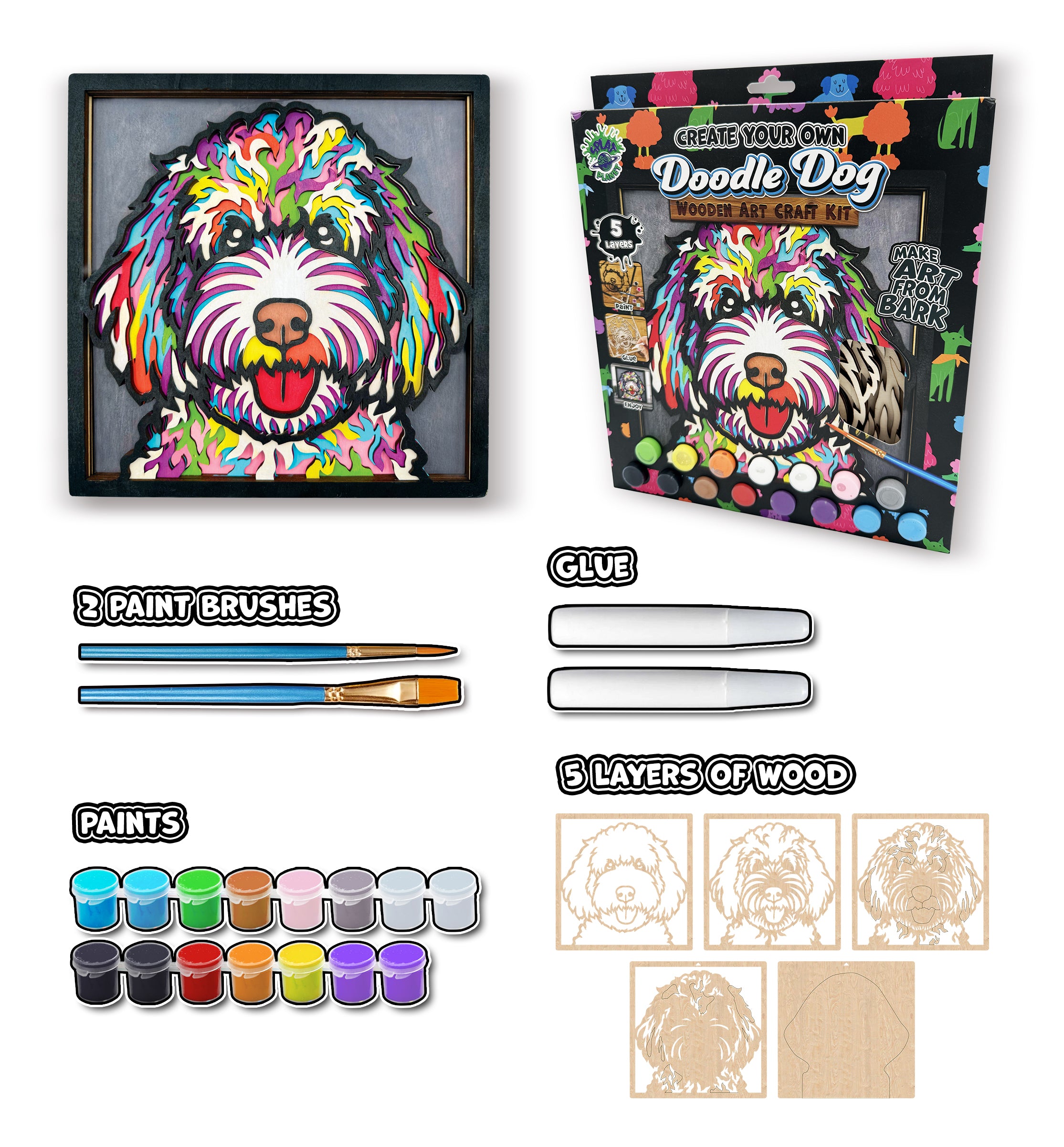 Doodle dog wooden art kit, Doodle dog craft kit for kids, Wooden dog painting set, DIY pet art kit, Layered doodle dog wood art, Fluffy dog wall décor, Kids doodle dog craft activity, Dog lover craft gift, Creative dog project.