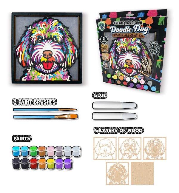 Doodle dog wooden art kit, Doodle dog craft kit for kids, Wooden dog painting set, DIY pet art kit, Layered doodle dog wood art, Fluffy dog wall décor, Kids doodle dog craft activity, Dog lover craft gift, Creative dog project.