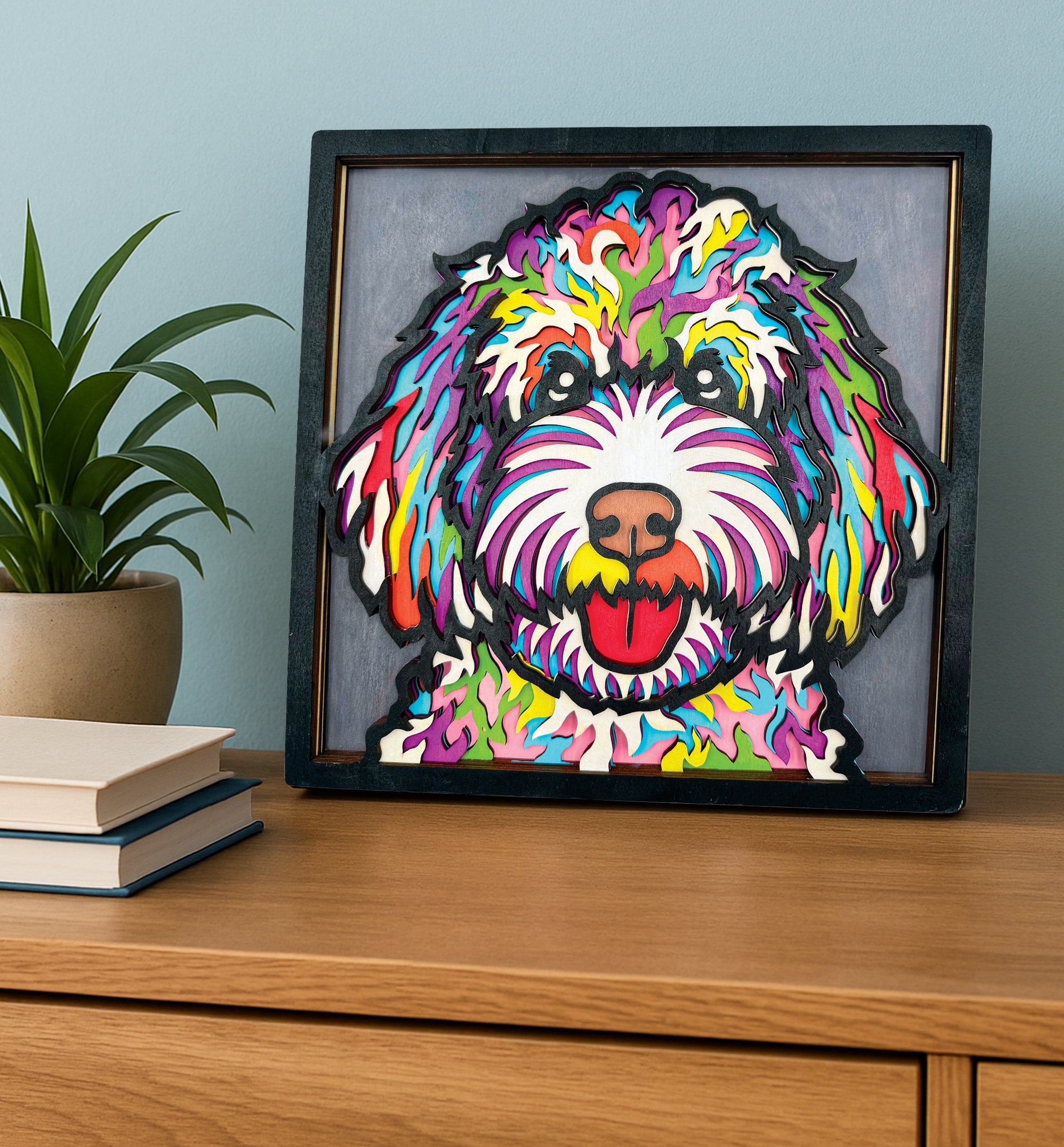 Doodle dog wooden art kit, Doodle dog craft kit for kids, Wooden dog painting set, DIY pet art kit, Layered doodle dog wood art, Fluffy dog wall décor, Kids doodle dog craft activity, Dog lover craft gift, Creative dog project.