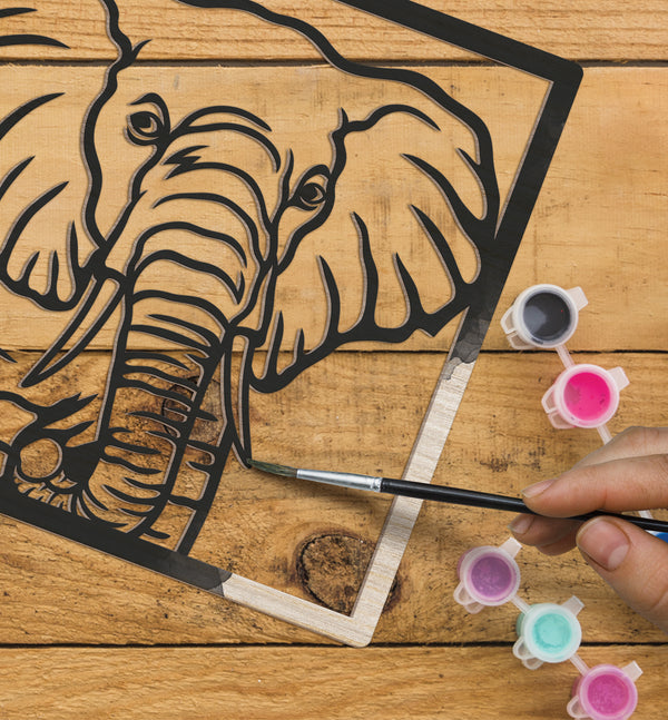 Elephant wooden art kit, Elephant craft kit for kids, Safari animal wood art, DIY Elephant craft, Layered Elephant painting set, Jungle themed wooden décor, Elephant wall art, Kids Elephant activity kit, Creative Elephant project, Wooden wildlife craft.