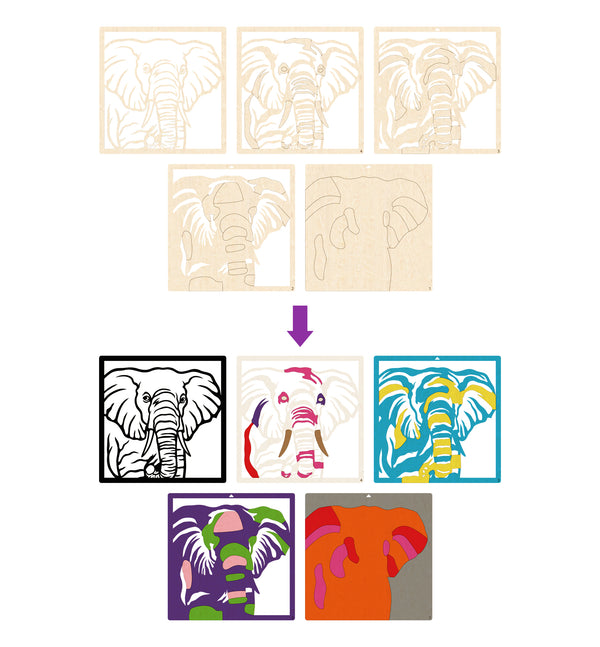 Elephant wooden art kit, Elephant craft kit for kids, Safari animal wood art, DIY Elephant craft, Layered Elephant painting set, Jungle themed wooden décor, Elephant wall art, Kids Elephant activity kit, Creative Elephant project, Wooden wildlife craft.