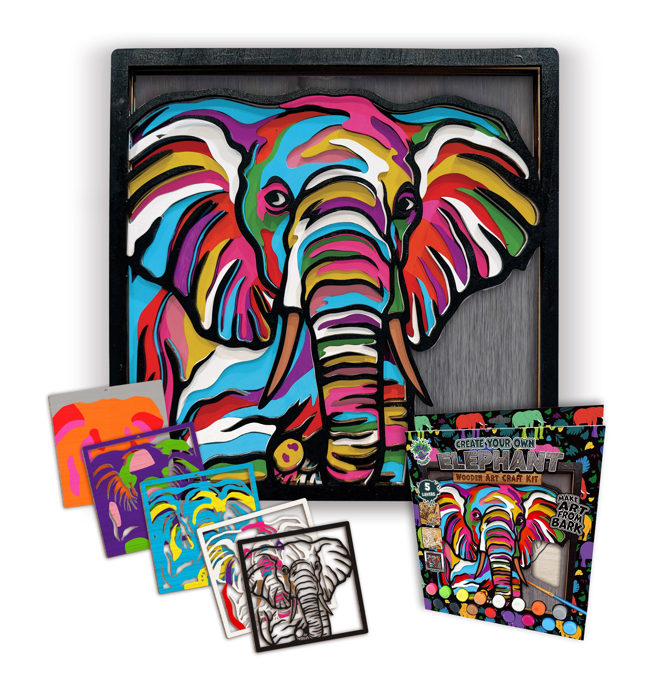 Elephant wooden art kit, Elephant craft kit for kids, Safari animal wood art, DIY Elephant craft, Layered Elephant painting set, Jungle themed wooden décor, Elephant wall art, Kids Elephant activity kit, Creative Elephant project, Wooden wildlife craft.