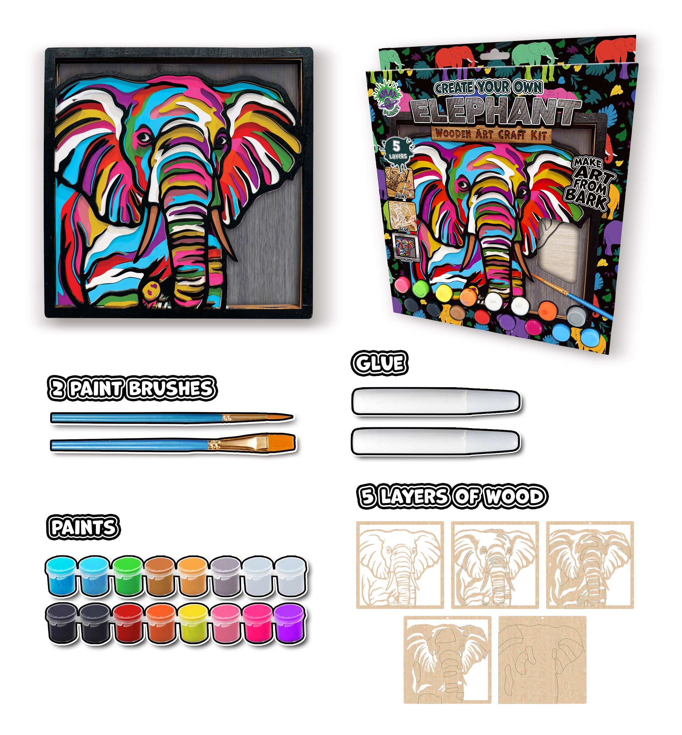 Elephant wooden art kit, Elephant craft kit for kids, Safari animal wood art, DIY Elephant craft, Layered Elephant painting set, Jungle themed wooden décor, Elephant wall art, Kids Elephant activity kit, Creative Elephant project, Wooden wildlife craft.
