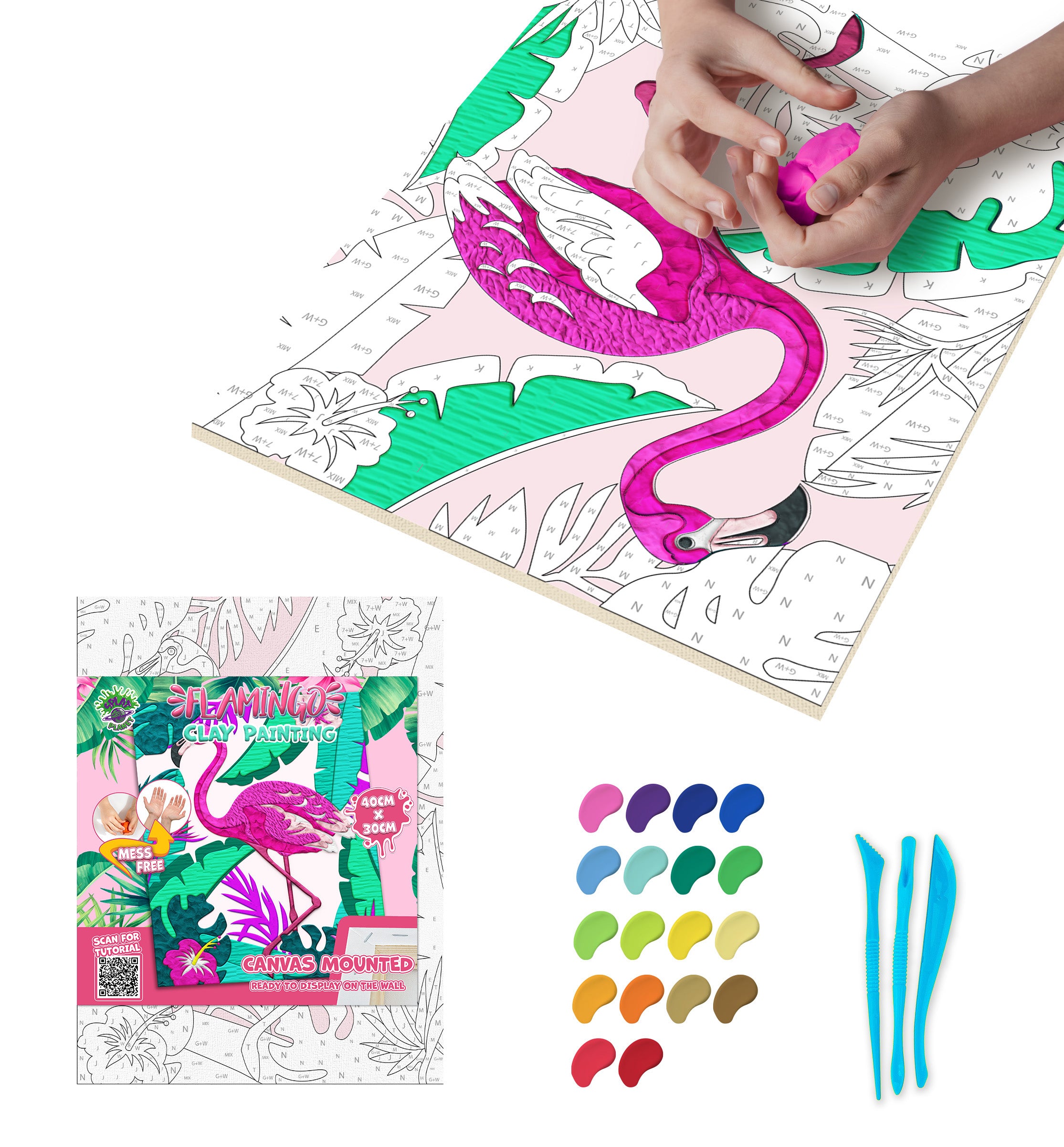 Flamingo clay painting kit with canvas mounted art board, colourful air-dry clay and sculpting tools, offering mess-free sensory play and screen-free creative crafting.